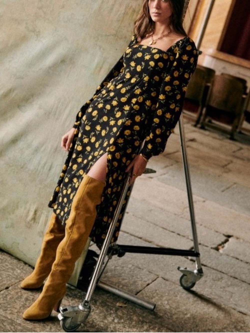 Sezane Black Floral Midi Dress with Yellow Print